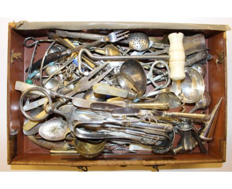 A tray of various silver plated cutlery; a corkscrew etc.