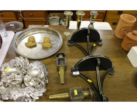 A pair of black painted and gilt decorated wall brackets; a mercury glass candlestick; a silver plated tray etc.