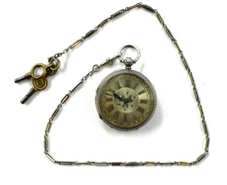 A silver foliate engraved fob watch and chain with key