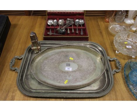 Two silver plated trays; a sugar sifter and a part canteen of cutlery