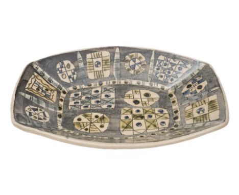 *Marianne de Trey (1913 - 2016) a stoneware dish: of swollen rectangular form, the interior finely painted with abstract geom