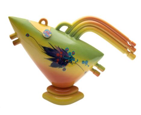 *Richard Godfrey (1949 - 2014) a slab built modernist teapot: of 'rocket ship' form under vivid yellow, orange and green glaz