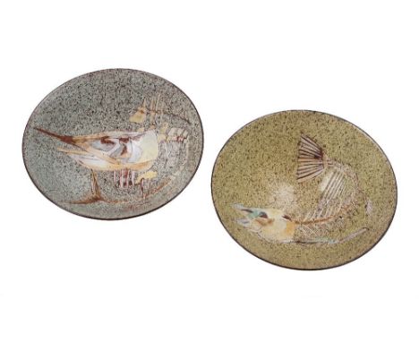 Chelsea Pottery two terracotta bowls from the 'Fossil Fish' series: of thinly potted footed form, incised and decorated in co