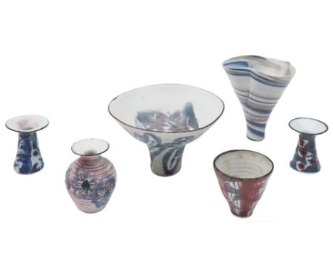 *Marianne de Trey (1913 - 2016) six porcelain vessels: comprising a footed dish, a vase of flaring trefoil profile, a small p