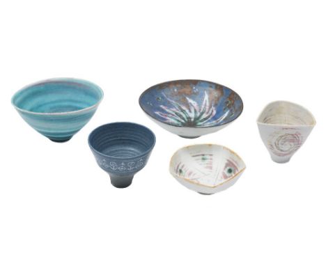 *Marianne de Trey (1913 - 2016) five porcelain bowls and dishes: comprising a footed bowl, one of pentagonal form, one of tri