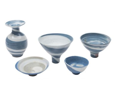 *Marianne de Trey (1913 - 2016) five porcelain vessels: comprising two footed bowls, two shallow circular dishes and an ovifo