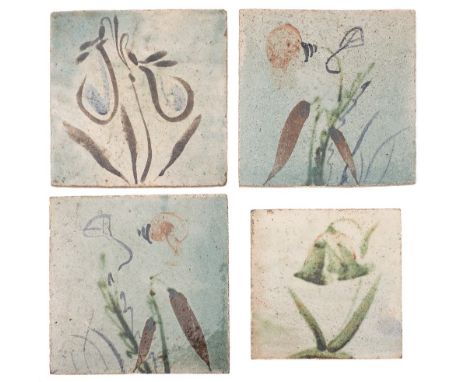 *Sylvia Fox-Strangways (1900 - 1975) three stoneware tiles and one similar:  the former painted with delicate stylised foliag