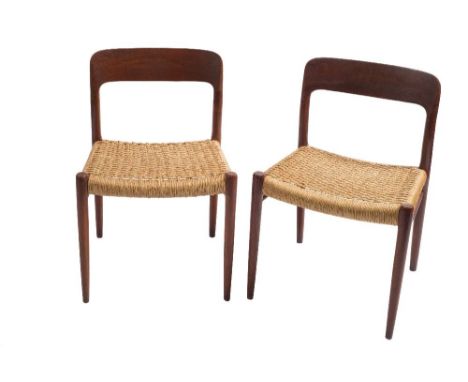 Niels Moller (1920-1982) for J L Mollers; a set of six Model 75 teak dining chairs:, the shaped back over a strung seat , rai