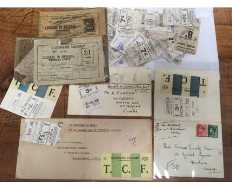 SOUTHERN RAILWAY: 1937-41 COVERS (3) WITH c1920-30'S PARCEL 'TICKET' TYPES ALSO, APPROX. 30 WAYBILLS, USED VALUES TO £10, ETC