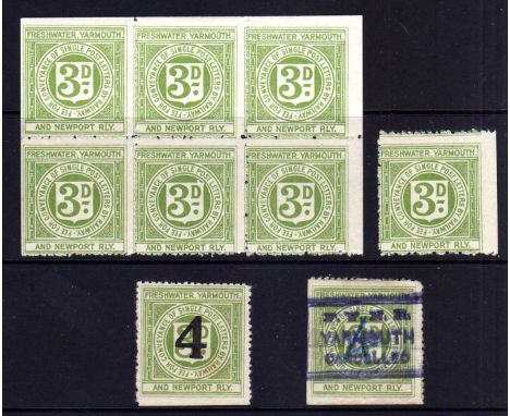FRESHWATER, YARMOUTH AND NEWPORT RAILWAY: 1920-3 SELECTION COMPRISING 1920 3d MINT BLOCK OF SIX AND SINGLE, 1920 '4' IN MANUS