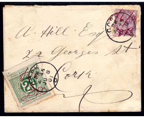 CORK, BANDON AND SOUTH COAST RAILWAY: 1901 CORK LOCAL COVER BEARING 1d LILAC AND 2d CANCELLED CORK CDS AND MANUSCRIPT DATE IN