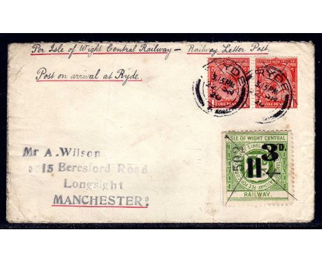 ISLE OF WIGHT CENTRAL RAILWAY: 1920 (22 SEP) 'WILSON' COVER BEARING MANUSCRIPT 4d ON 3d ON 2d CANCELLED INK CROSS, PAIR 1d CA