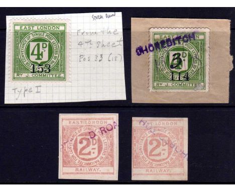 EAST LONDON RAILWAY: 1898-1928 SELECTION WITH IMPERF 2d PINK USED (2), 1922 4d UNUSED, 1928 3d MANUSCRIPT ON 4d ON PIECE TIED
