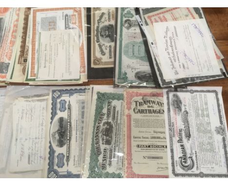QUANTITY OF MAINLY RAILWAY RELATED SHARE CERTIFICATES, UK AND OVERSEAS, ATTRACTIVE DESIGNS TO SOME, ALSO DIVIDEND CERTIFICATE