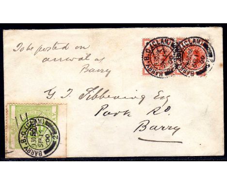 BARRY DOCKS AND RAILWAY: 1900 LOCAL COVER BEARING 2d (LS 6) AND ½d VERMILION  (2, BOTH PERFIN BD&amp;R) TIED BARRY CDS
