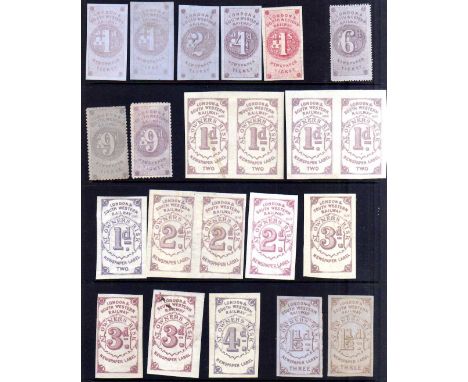 LONDON AND SOUTH WESTERN RAILWAY: 1855-1923 SELECTION FROM NEWSPAPER TICKET IMPERF VALUES TO 1/-, PERF 6d AND 9d (2), NEWSPAP