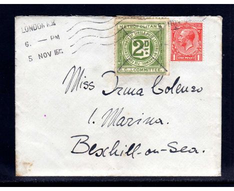 METROPOLITAN AND GREAT CENTRAL JOINT COMMITTEE: 1915 NOV 5th ENV. LONDON TO BEXHILL BEARING KGV 1d AND LETTER 2d CANCELLED MA