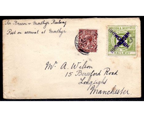 BRECON AND MERTHYR RAILWAY: 1920 "WILSON" ENVELOPE BEARING 3d IN MANUSCRIPT ON 2d CANCELLED RHIWDERIN TWICE IN VIOLET AND 1½d