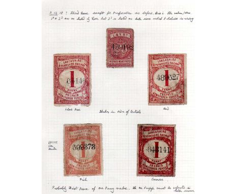 LANCASHIRE AND YORKSHIRE RAILWAY: 1855 ONWARDS SELECTION ON LEAVES AND STOCKCARDS, WYRE DOCK CARTAGE 1d REJOINED SHEET OF 30,