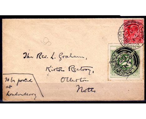 DONEGAL RAILWAY COMPANY: 1903 'GRAHAM' COVER TO NEWARK BEARING 1d AND 2d TIED LONDONDERRY CDS AND MANUSCRIPT DATE 