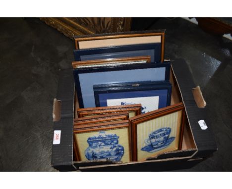 A selection of embroidery including blue and white ceramic images