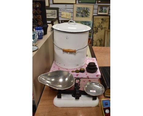 A set of 20th century Avery weighing scales with an enamel utility bin or bucket