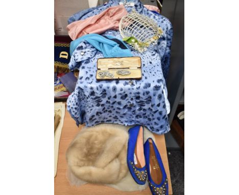 Four retro blouses, including Jaeger and Yarell, a vintage mink hat, veil and a pair of Harrods shoes.