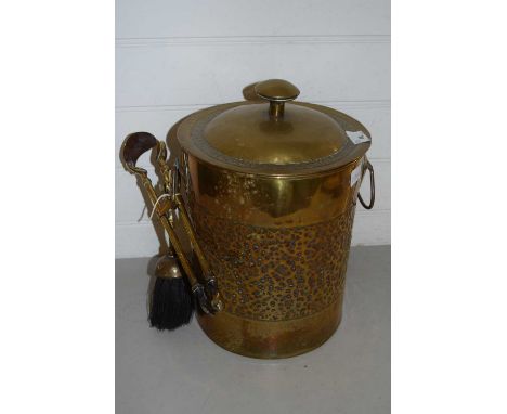 Brass coal bin with fire tools