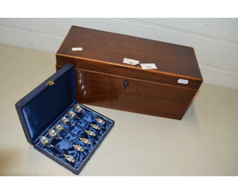 19th Century mahogany tea caddy together with a case of crested spoons