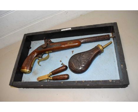 Reproduction antique pistol together with powder flask - for display purposes only