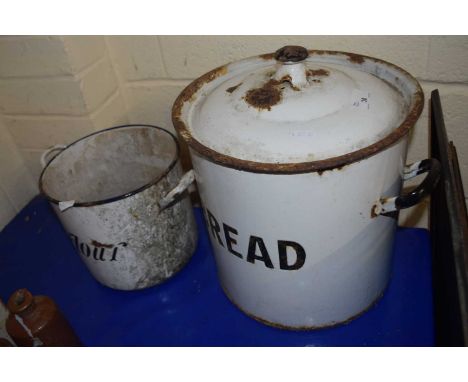 Vintage enamel bread bin and a similar flour bin