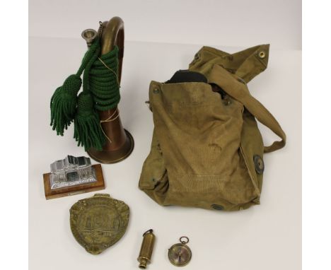 WW2 British items: Special Service Respirator in military gas mask bag, Brass Bugle ACME Siren whistle, Compass, two Menin Ga