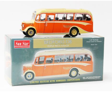 Sun Star: 1/24th scale 'Bedford OB Coach', "Yelloway Motor Service", certificate No.1307 of 3250. Complete within original bo