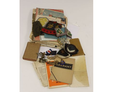 WW2 British 43rd Inf Div RAOC paperwork group, plus 43rd Wessex Inf Div formation signs, 46th Inf Div private purchase format