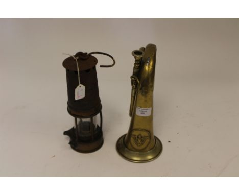 WW1 Imperial German Army brass bugle by J Altrichter. Plus a British Miners Davy Lantern, Derby manufacturer, numbered 1032 (