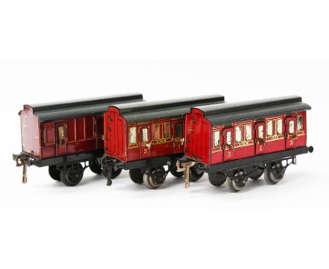 Hornby: Two Hornby 1925-8 LMS No.1 passenger coach, clerestory roof, gold lining, doors 'First/1st' 'Third/3rd'  with a 1924-