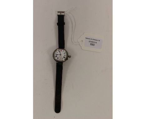 WW1 British wristwatch with white enamel face, Roman numerals. Engraved to back "L Clp A.S. Martin, 5th S.R. from the NCO's o