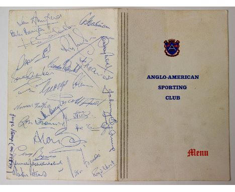 World Cup Memorabilia: A menu for the Anglo-American Sporting Club Dinner dated Monday 20th June 1966. The dinner was held at