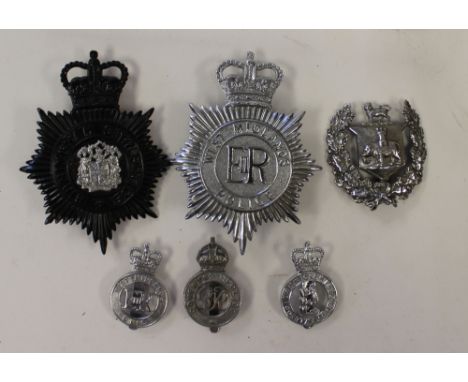 Six British Police cap badges. WW2 to present day issues for the cap or helmet. To include Birmingham City Police, West Midla