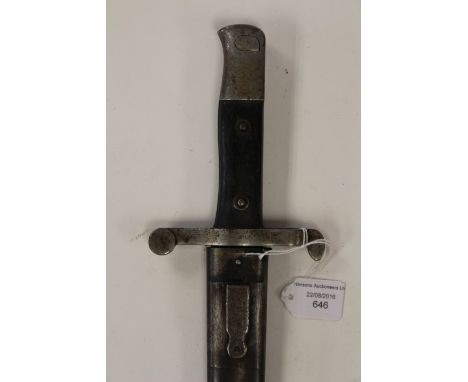 A Steyr Kropatschek Model 1886 sword bayonet and scabbard. Spine of blade faintly marked 'Steyr 1886'. Bright steel blade.