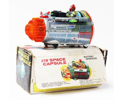 Battery Operated "New Space Capsule" Circa 1960's, SH Horikawa, Japan, tinplate within original box. (box is worn and damage 