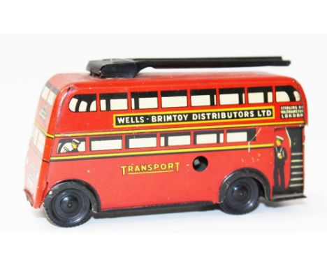 A Wells-Brimtoy clockwork model of a London Double-Decker bus, Number 516 "Brimtoy Walthamstow", "Look Forward to Further Mod