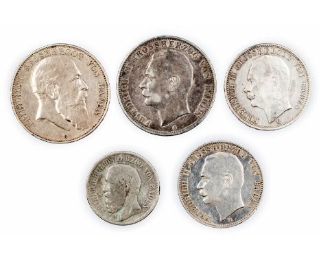 German states, Baden, 5 Marks 1907 G, 1908 G, 3 Marks 1912 G, 1915 G, 2 Marks 1876 G (5)