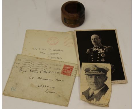 A letter from the Supreme Commander of the British Fleet, Admiral Sir John Rushworth Jellicoe dated 1916. A Napkin ring from 