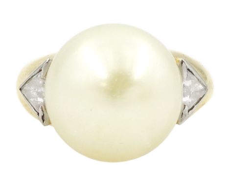 French 18ct gold three stone cultured pearl and trilliant cut diamond ring, Eagle hallmark, total diamond weight approx 0.40 