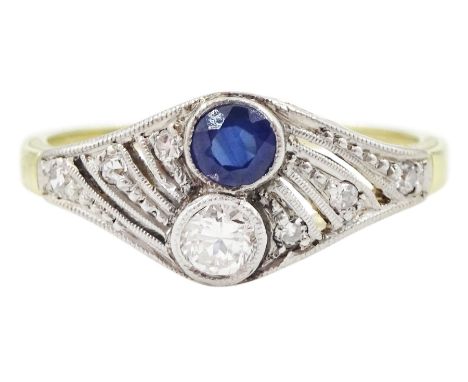 14ct gold milgrain set, two stone round cut diamond and sapphire ring, with pierced design shoulders, set with diamonds, stam