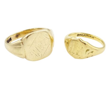 18ct gold signet ring and a 9ct gold signet ring, both hallmarkedCondition Report:18ct approx 4.7gm, size I, 9ct approx 6.05g