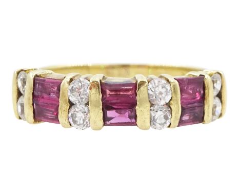 14ct gold baguette cut ruby and cubic zirconia half eternity ringCondition Report:Approx 3.5gm, size Q, max depth = 4.7mm, te