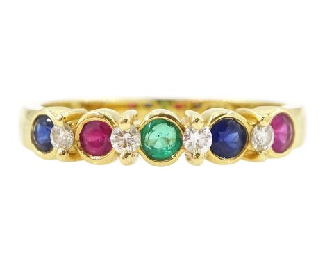 18ct gold nine stone, ruby, emerald, sapphire and diamond ring, stamped 750Condition Report:Approx 2.6gm, size L-M, good cond