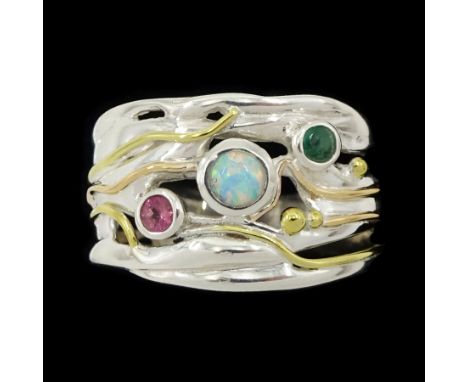 Silver and 14ct gold wire, three stone pink tourmaline, opal and emerald ring, stamped 925Condition Report:Size T-U, max dept